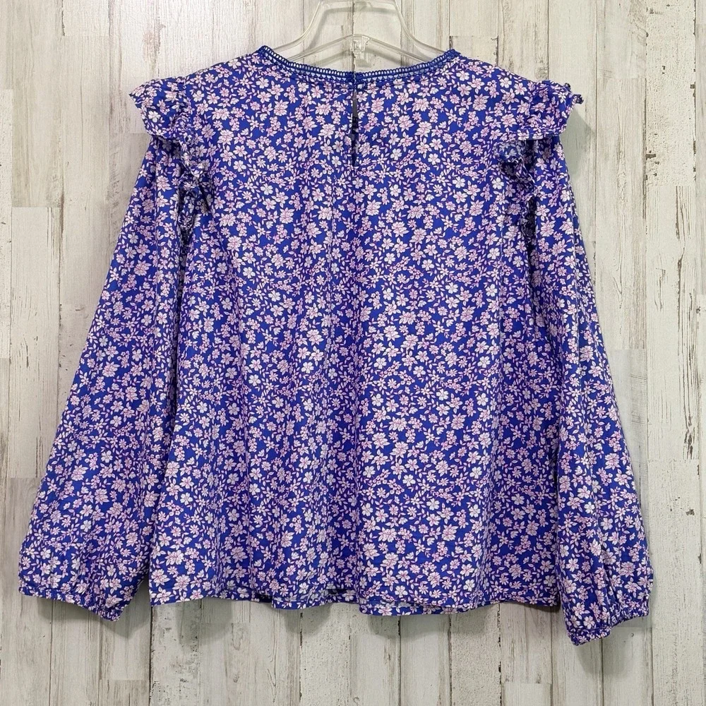 J Crew Floral Ruffle Shoulder Popover Blouse XL Blue Pink Floral Boho Summer